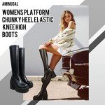 AMINUGAL Womens Elastic Knee High Boots Platform Chunky Block High Heel Sock Boots Zipper Round Toe Fashion Motorcycle Combat Punk Boots For Women Black size 8