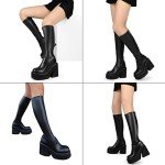 AMINUGAL Womens Elastic Knee High Boots Platform Chunky Block High Heel Sock Boots Zipper Round Toe Fashion Motorcycle Combat Punk Boots For Women Black size 8