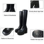 AMINUGAL Womens Elastic Knee High Boots Platform Chunky Block High Heel Sock Boots Zipper Round Toe Fashion Motorcycle Combat Punk Boots For Women Black size 8
