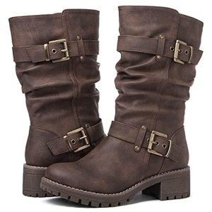 GLOBALWIN Women's Mid Calf Dress Boots Biker Motorcycle Riding Boots Women For Women Brown Size 8M