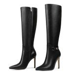 COLETER Women's Knee High Boots Pointed Toe Stiletto Buckle Dress Boots Zipper Heeled Boots Matte Black 7US