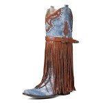 SaraIris Women's Western Boots Mid Calf Boots Buckle Strap Cowgirl Boots Chunky Heel Fashion Pointed Toe Knee High Embroidered Boots Pull On Fringe Boots for Women