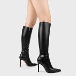 COLETER Women's Knee High Boots Pointed Toe Stiletto Buckle Dress Boots Zipper Heeled Boots Matte Black 7US