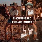 SaraIris Women's Western Boots Mid Calf Boots Buckle Strap Cowgirl Boots Chunky Heel Fashion Pointed Toe Knee High Embroidered Boots Pull On Fringe Boots for Women