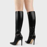 COLETER Women's Knee High Boots Pointed Toe Stiletto Buckle Dress Boots Zipper Heeled Boots Matte Black 7US