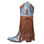 SaraIris Women's Western Boots Mid Calf Boots Buckle Strap Cowgirl Boots Chunky Heel Fashion Pointed Toe Knee High Embroidered Boots Pull On Fringe Boots for Women