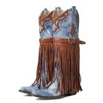 SaraIris Women's Western Boots Mid Calf Boots Buckle Strap Cowgirl Boots Chunky Heel Fashion Pointed Toe Knee High Embroidered Boots Pull On Fringe Boots for Women