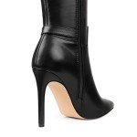 COLETER Women's Knee High Boots Pointed Toe Stiletto Buckle Dress Boots Zipper Heeled Boots Matte Black 7US