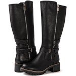GLOBALWIN Women's Black Knee High Boots Tall Fashion Riding Boots For Women With Side Zipper Chunky Low Heel Size 9M