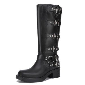 Athlefit Women's Knee High Riding Boots Fashion Buckle Square Toe Chunky Heel Wide Calf Biker Black Boots Size 8.5