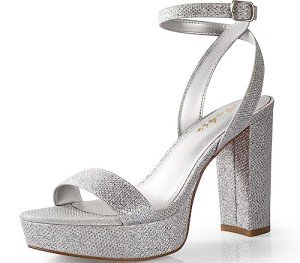 Ankis Platform Heels for Women 4 Inches Chunky Heels Sandals for Women Comfy Open Toe Block Heeled Sandals Nude White Silver Gold Black Ankle Strappy Heels for Women,Silver glitter,Size 8