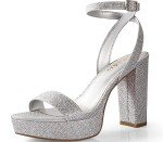 Ankis Platform Heels for Women 4 Inches Chunky Heels Sandals for Women Comfy Open Toe Block Heeled Sandals Nude White Silver Gold Black Ankle Strappy Heels for Women,Silver glitter,Size 8