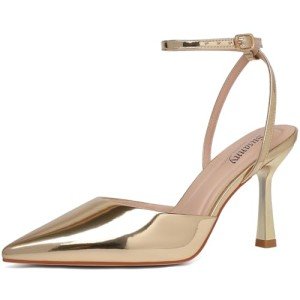 Susanny Gold Heels for Women Stiletto Closed Pointed Toe Backless Dress Shoes High Heels Sexy Kitten Pumps Wedding Guest Party Dance Prom Club Ankle Strappy Dressy Comfort Shoes 9