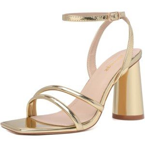 RIBONGZ Gold Prom Heels for Women Strappy Block High Heels Square Open Toe Ankle Strap Chunky Heeled Sandals Wedding Bridal Shoes High Heel Sandals for Party Dress 8.5