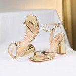 RIBONGZ Gold Prom Heels for Women Strappy Block High Heels Square Open Toe Ankle Strap Chunky Heeled Sandals Wedding Bridal Shoes High Heel Sandals for Party Dress 8.5