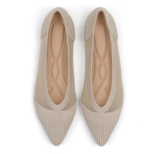 TINGRISE Women's Flats Shoes Pointed Toe Knit Ballet Comfortable Dressy Mesh Flat Beige US7.5