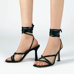 Mostrin Black Strappy Heels for Women Lace Up Heels Tie Up Stiletto High Heeled Sandals Square Open Toe Heels for Prom, Party Size 8