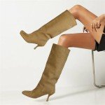Wnshonzy Suede Knee High Boots for Women Wide Calf Square Toe Tall Boots Brown Stiletto High Heels Long Boots Soft Fall Boots Pull on Fashion Casual Cute Nude