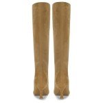 Wnshonzy Suede Knee High Boots for Women Wide Calf Square Toe Tall Boots Brown Stiletto High Heels Long Boots Soft Fall Boots Pull on Fashion Casual Cute Nude