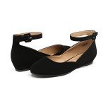 DREAM PAIRS Women's Dress Flats Ballet Low Wedge Round Toe Ankle Strap Comfortable Casual Flats Shoes,Size 8,Black/Nubuck,REVONA