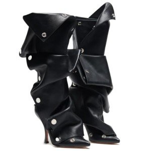 VOMIRA Women's Knee High Stiletto Boots - Pointed Toe High Heels, Wide Calf, Ruched Slouchy Boots - Detachable Snap-off Panel - Mid Calf - Black