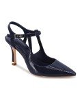 Coutgo Womens High Heels Pointed Toe Ankle Strap Pumps Patent Leather Sexy Stiletto Office Wedding Dress Shoes, Navy, Size 8.5