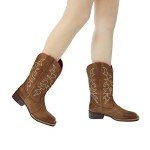 J's.o.l.e Fashion Cowboy Boots for Women Square Toe Wide Mid Calf Western Cowgirl Boots Brown US Size 8