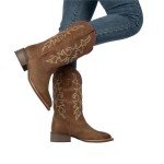 J's.o.l.e Fashion Cowboy Boots for Women Square Toe Wide Mid Calf Western Cowgirl Boots Brown US Size 8