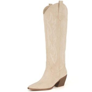 iiimmu Cowboy Boots for Women Beige Knee High Pointed Toe and Chunky Heel Western Suede Boots with Embroidered, Size 6