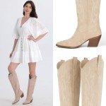 iiimmu Cowboy Boots for Women Beige Knee High Pointed Toe and Chunky Heel Western Suede Boots with Embroidered, Size 6