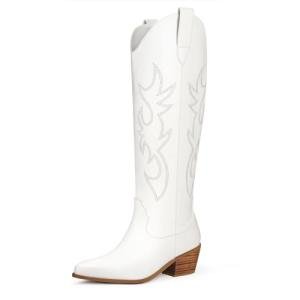 Ouepiano White Cowgirl Boots Women Cowboy Knee High Tall Boots Chunky Heel Pointed Toe Pull-On Western Wide Calf Boats Country Fashion (White, Size 8)