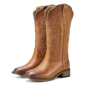 Rollda Cowgirl Boots Cowboy Boots for Women Square Toe Mid Calf Western Boots Ladies Fashion Boots with Chunky Heel Brown Size 9