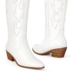 Ouepiano White Cowgirl Boots Women Cowboy Knee High Tall Boots Chunky Heel Pointed Toe Pull-On Western Wide Calf Boats Country Fashion (White, Size 8)