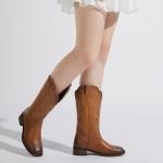 Rollda Cowgirl Boots Cowboy Boots for Women Square Toe Mid Calf Western Boots Ladies Fashion Boots with Chunky Heel Brown Size 9