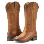 Rollda Cowgirl Boots Cowboy Boots for Women Square Toe Mid Calf Western Boots Ladies Fashion Boots with Chunky Heel Brown Size 9