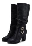 Ermonn Womens Slouchy Knee High Boots Stacked Mid Heel Ankle Strap Metal Buckle Side-Zip Shoes