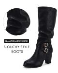 Ermonn Womens Slouchy Knee High Boots Stacked Mid Heel Ankle Strap Metal Buckle Side-Zip Shoes