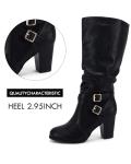Ermonn Womens Slouchy Knee High Boots Stacked Mid Heel Ankle Strap Metal Buckle Side-Zip Shoes