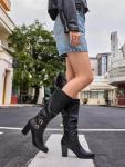 Ermonn Womens Slouchy Knee High Boots Stacked Mid Heel Ankle Strap Metal Buckle Side-Zip Shoes