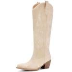 Pasuot Western Cowboy Boots for Women - Beige Knee High Wide Calf Cowgirl Boots with Western Embroidered, Slip On Pointed Toe Chunky Heel Fashion Retro Classic Pull On Tall Cowboy Carter Boot for Ladies US 8