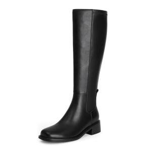 QIY Black Boots Women Fall Faux Leather Knee High Boots for Women Riding Dress Square Toe Flat Chunky Block Tall Long Low Heel Boot Size 10