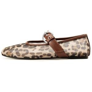 Gothictor Leopard Flats for Women Mesh Flats Ballet Flats Mary Jane Flats Women's Dress Shoes Ballet Shoes Brown,8.5