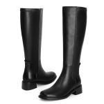 QIY Black Boots Women Fall Faux Leather Knee High Boots for Women Riding Dress Square Toe Flat Chunky Block Tall Long Low Heel Boot Size 10