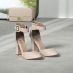 IDIFU Women's IN4 Pedazo High Block Heels Pumps Pointed Closed Toe Ankle Strap Dress Wedding Shoes (Nude Nubuck, 8 M US)