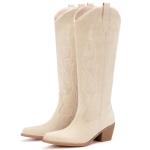 Pasuot Western Cowboy Boots for Women - Beige Knee High Wide Calf Cowgirl Boots with Western Embroidered, Slip On Pointed Toe Chunky Heel Fashion Retro Classic Pull On Tall Cowboy Carter Boot for Ladies US 8