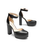 DREAM PAIRS Women's Platform High Chunky Heels Closed Toe Block Ankle Strap Dress Buckle Round Toe Wedding Party Comfortable Pumps Shoes,Size 8,Black-Pu,SDPU2419W