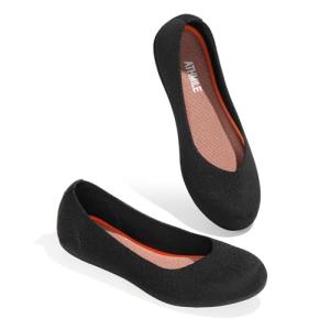 ATHMILE Black Ballet Flats - Washable Knit Flats with Round Toe and Low Wedge for Wedding, Business, Work, Office - Size 8