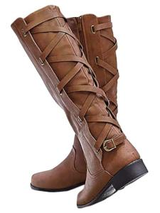 Syktkmx Womens Strappy Motorcycle Knee High Boots Winter Lace Up Riding Flat Low Heel Shoes, Brown, Size 8