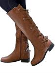 Syktkmx Womens Strappy Motorcycle Knee High Boots Winter Lace Up Riding Flat Low Heel Shoes, Brown, Size 8