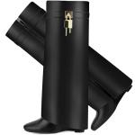 CDHYX Fold Over Boots for Women Pointy Pull-on Heel Knee Shark Boot With Side Zipper Padlock Design (Black 10)
